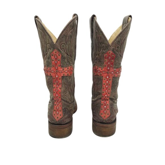 Corral Western Boots Leather Women 6.5M Cross Stud Embroidery Square Toe Cowgirl - Picture 6 of 14